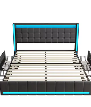 Roshanda Gestoffeerd Tweepersoonsbed 140 x 200 cm met LED en USB-poort – Bed met Lattenbodem, 4 Opbergvakken
