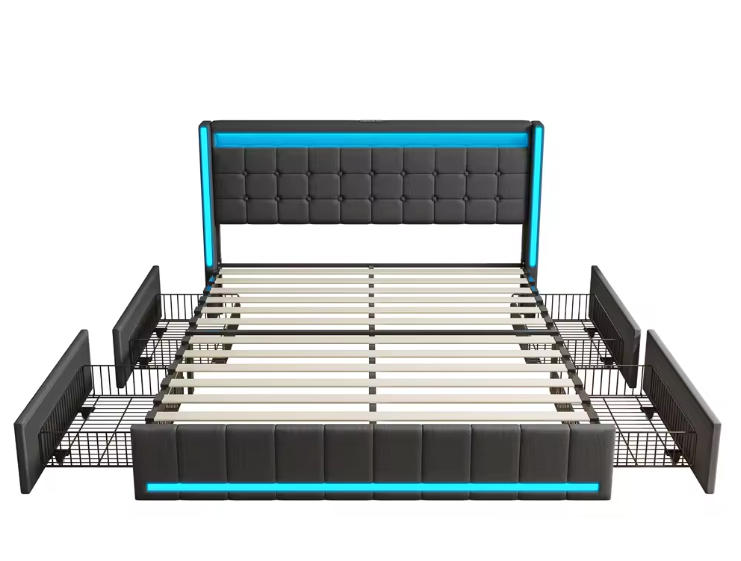 Roshanda Gestoffeerd Tweepersoonsbed 140 x 200 cm met LED en USB-poort – Bed met Lattenbodem, 4 Opbergvakken