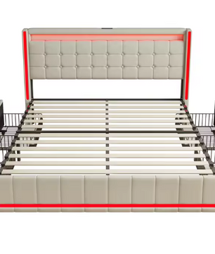 Roshanda Gestoffeerd Tweepersoonsbed 140 x 200 cm met LED en USB-poort – Bed met Lattenbodem, 4 Opbergvakken