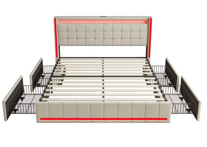 Roshanda Gestoffeerd Tweepersoonsbed 140 x 200 cm met LED en USB-poort – Bed met Lattenbodem, 4 Opbergvakken