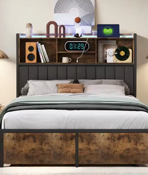 Metalen Tweepersoonsbed met Opberghoofdeinde en LED Verlichting – Inclusief 2 Lades en Opbergruimte onder het Bed