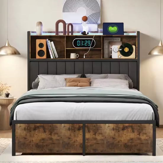 Metalen Tweepersoonsbed met Opberghoofdeinde en LED Verlichting – Inclusief 2 Lades en Opbergruimte onder het Bed