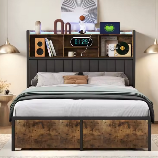 Metalen Tweepersoonsbed met Opberghoofdeinde en LED Verlichting – Inclusief 2 Lades en Opbergruimte onder het Bed