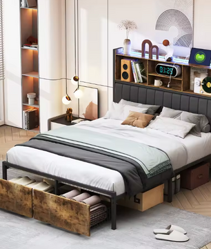 Metalen Tweepersoonsbed met Opberghoofdeinde en LED Verlichting – Inclusief 2 Lades en Opbergruimte onder het Bed