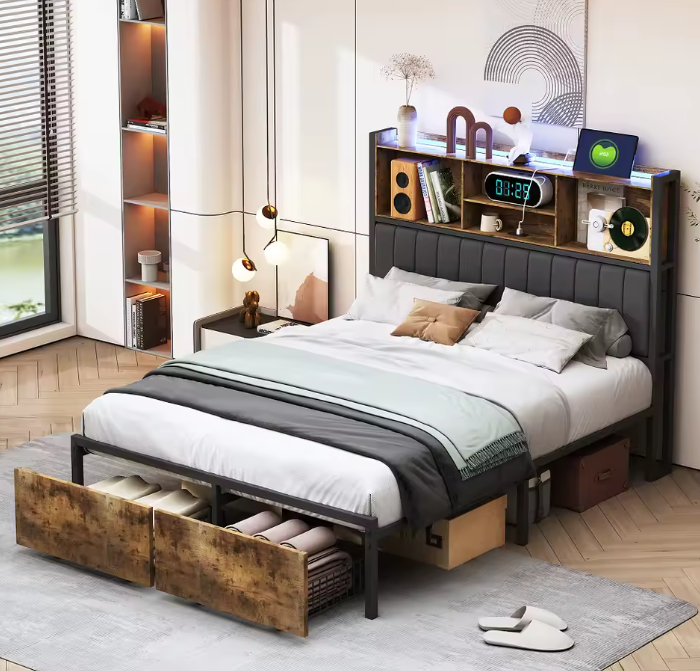 Metalen Tweepersoonsbed met Opberghoofdeinde en LED Verlichting – Inclusief 2 Lades en Opbergruimte onder het Bed