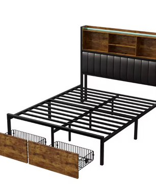 Metalen Tweepersoonsbed met Opberghoofdeinde en LED Verlichting – Inclusief 2 Lades en Opbergruimte onder het Bed