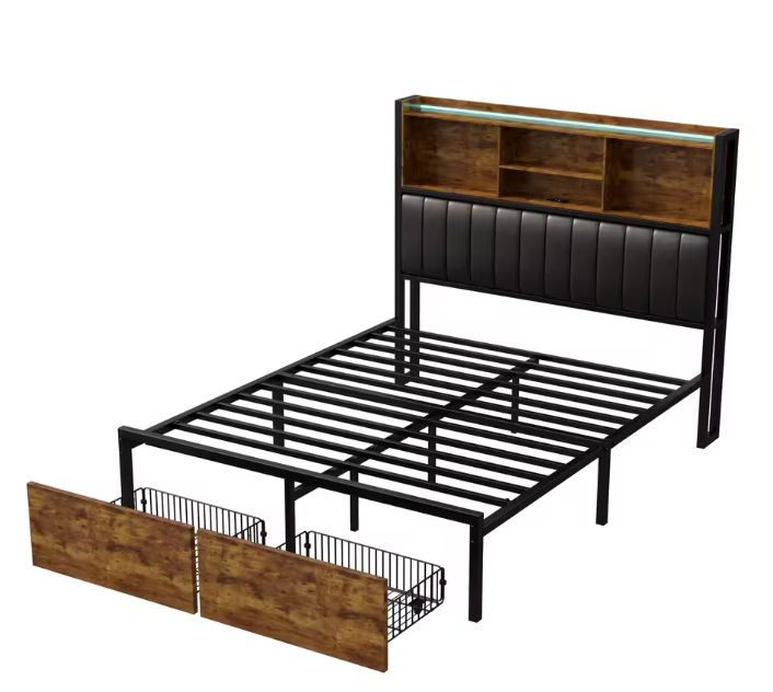 Metalen Tweepersoonsbed met Opberghoofdeinde en LED Verlichting – Inclusief 2 Lades en Opbergruimte onder het Bed