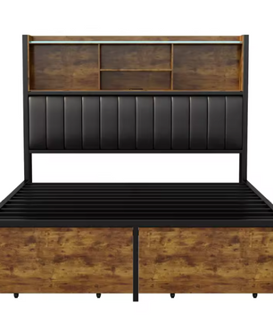 Metalen Tweepersoonsbed met Opberghoofdeinde en LED Verlichting – Inclusief 2 Lades en Opbergruimte onder het Bed