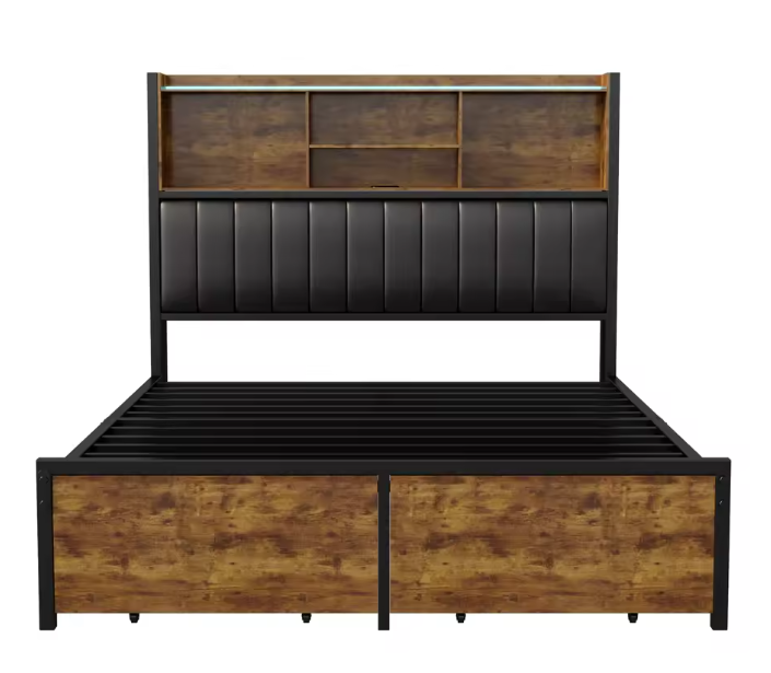 Metalen Tweepersoonsbed met Opberghoofdeinde en LED Verlichting – Inclusief 2 Lades en Opbergruimte onder het Bed