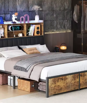 Metalen Tweepersoonsbed met Opberghoofdeinde en LED Verlichting – Inclusief 2 Lades en Opbergruimte onder het Bed