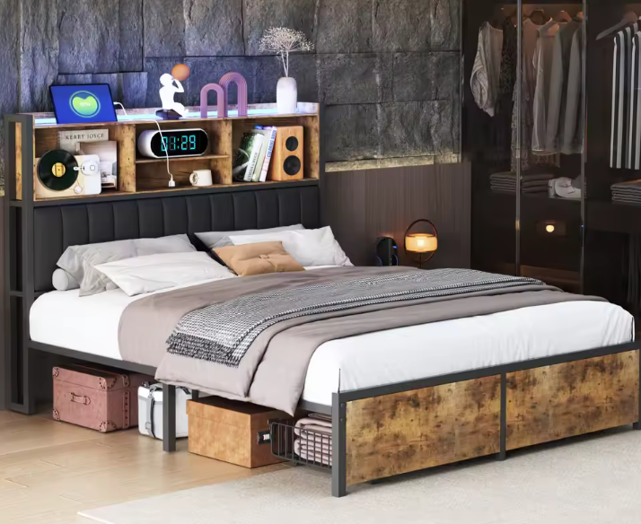 Metalen Tweepersoonsbed met Opberghoofdeinde en LED Verlichting – Inclusief 2 Lades en Opbergruimte onder het Bed