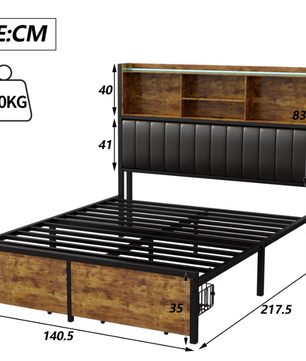 Metalen Tweepersoonsbed met Opberghoofdeinde en LED Verlichting – Inclusief 2 Lades en Opbergruimte onder het Bed