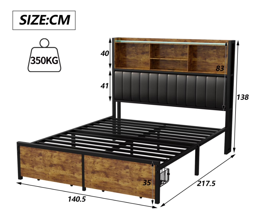 Metalen Tweepersoonsbed met Opberghoofdeinde en LED Verlichting – Inclusief 2 Lades en Opbergruimte onder het Bed