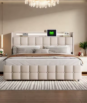 Gestoffeerd Tweepersoonsbed 140 x 200 cm met 4 Lades en LED Verlichting – Multifunctioneel Bed met USB Poorten en Opbergruimte