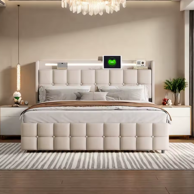 Gestoffeerd Tweepersoonsbed 140 x 200 cm met 4 Lades en LED Verlichting – Multifunctioneel Bed met USB Poorten en Opbergruimte