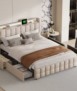 Gestoffeerd Tweepersoonsbed 140 x 200 cm met 4 Lades en LED Verlichting – Multifunctioneel Bed met USB Poorten en Opbergruimte
