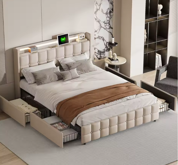 Gestoffeerd Tweepersoonsbed 140 x 200 cm met 4 Lades en LED Verlichting – Multifunctioneel Bed met USB Poorten en Opbergruimte