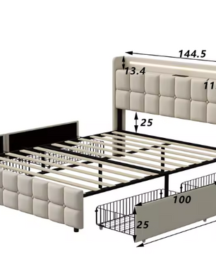 Gestoffeerd Tweepersoonsbed 140 x 200 cm met 4 Lades en LED Verlichting – Multifunctioneel Bed met USB Poorten en Opbergruimte