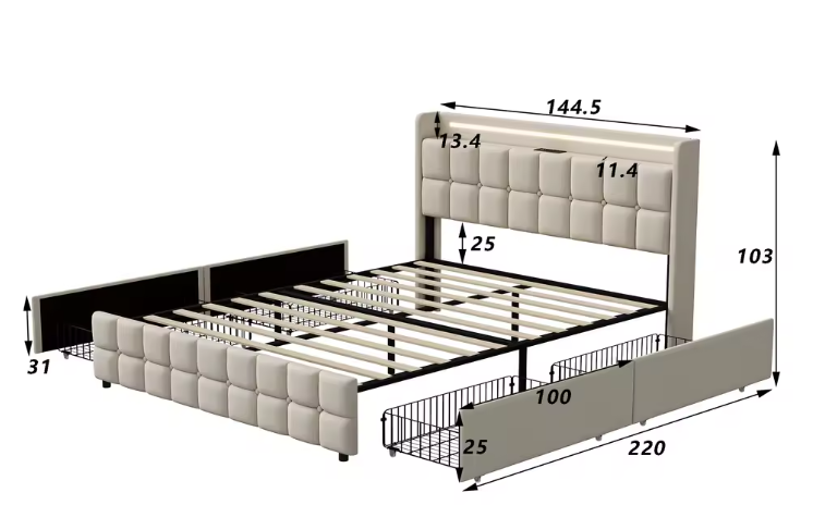 Gestoffeerd Tweepersoonsbed 140 x 200 cm met 4 Lades en LED Verlichting – Multifunctioneel Bed met USB Poorten en Opbergruimte