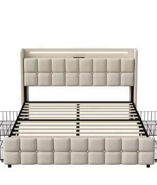 Gestoffeerd Tweepersoonsbed 140 x 200 cm met 4 Lades en LED Verlichting – Multifunctioneel Bed met USB Poorten en Opbergruimte