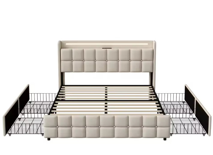 Gestoffeerd Tweepersoonsbed 140 x 200 cm met 4 Lades en LED Verlichting – Multifunctioneel Bed met USB Poorten en Opbergruimte