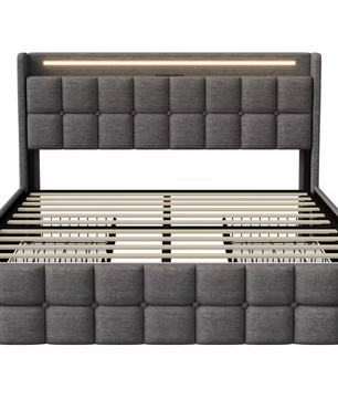Gestoffeerd Tweepersoonsbed 140 x 200 cm met 4 Lades en LED Verlichting – Multifunctioneel Bed met USB Poorten en Opbergruimte