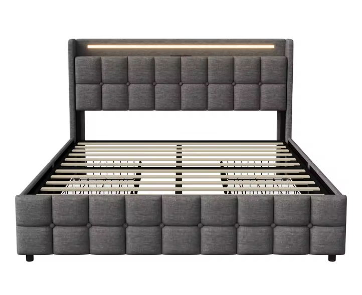 Gestoffeerd Tweepersoonsbed 140 x 200 cm met 4 Lades en LED Verlichting – Multifunctioneel Bed met USB Poorten en Opbergruimte