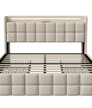 Gestoffeerd Tweepersoonsbed 140 x 200 cm met 4 Lades en LED Verlichting – Multifunctioneel Bed met USB Poorten en Opbergruimte