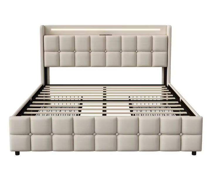 Gestoffeerd Tweepersoonsbed 140 x 200 cm met 4 Lades en LED Verlichting – Multifunctioneel Bed met USB Poorten en Opbergruimte