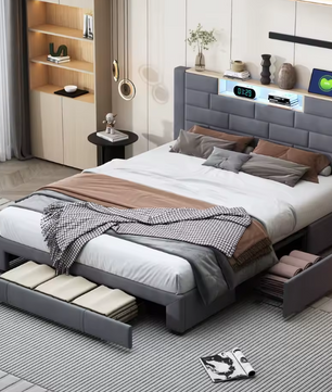 Gestoffeerd Tweepersoonsbed 160 x 200 cm met 3 Lades, Lattenbodem en LED-verlichting