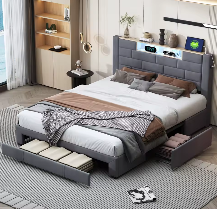 Gestoffeerd Tweepersoonsbed 160 x 200 cm met 3 Lades, Lattenbodem en LED-verlichting