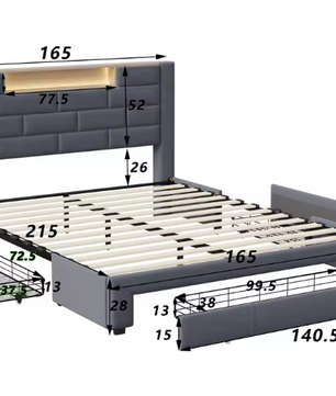 Gestoffeerd Tweepersoonsbed 160 x 200 cm met 3 Lades, Lattenbodem en LED-verlichting