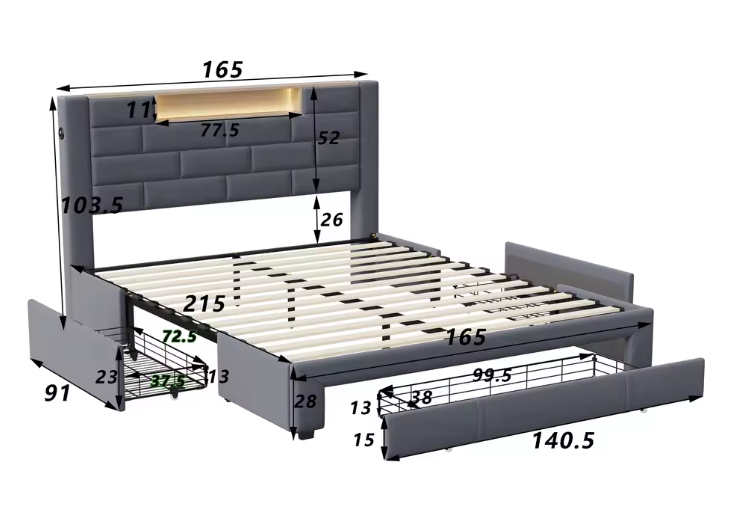 Gestoffeerd Tweepersoonsbed 160 x 200 cm met 3 Lades, Lattenbodem en LED-verlichting