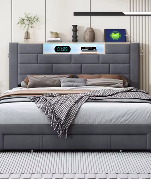 Gestoffeerd Tweepersoonsbed 160 x 200 cm met 3 Lades, Lattenbodem en LED-verlichting