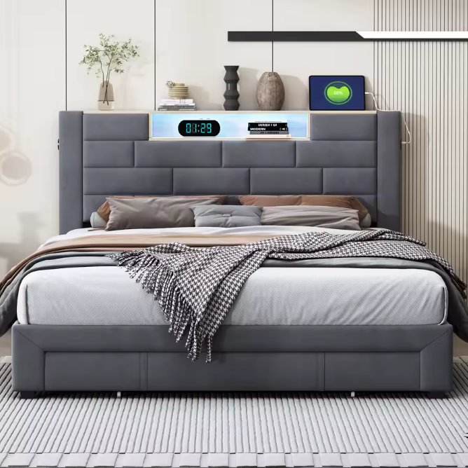 Gestoffeerd Tweepersoonsbed 160 x 200 cm met 3 Lades, Lattenbodem en LED-verlichting