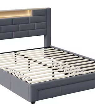 Gestoffeerd Tweepersoonsbed 160 x 200 cm met 3 Lades, Lattenbodem en LED-verlichting
