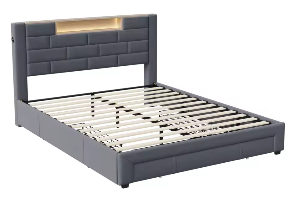 Gestoffeerd Tweepersoonsbed 160 x 200 cm met 3 Lades, Lattenbodem en LED-verlichting