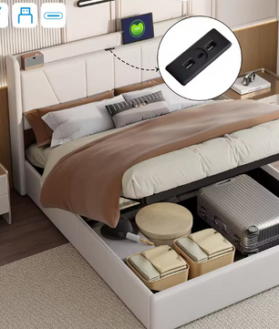 Gestoffeerd Tweepersoonsbed 140x200 cm met Opbergruimte en USB-poort – Ideaal voor Volwassenen of Tieners