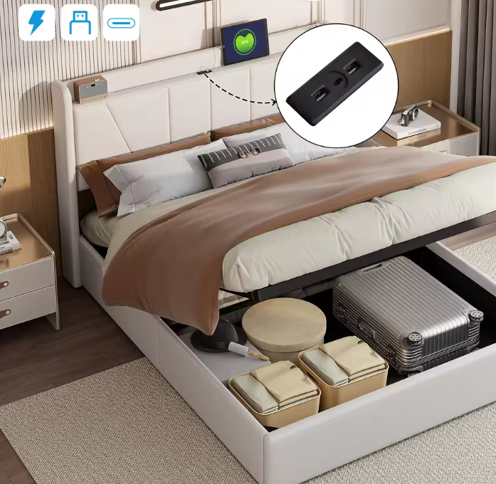 Gestoffeerd Tweepersoonsbed 140x200 cm met Opbergruimte en USB-poort – Ideaal voor Volwassenen of Tieners