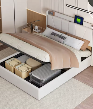 Gestoffeerd Tweepersoonsbed 140x200 cm met Opbergruimte en USB-poort – Ideaal voor Volwassenen of Tieners
