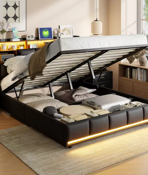 Gestoffeerd Boxspringbed met Hydraulische Lift, LED-Verlichting en USB Oplaadpoort