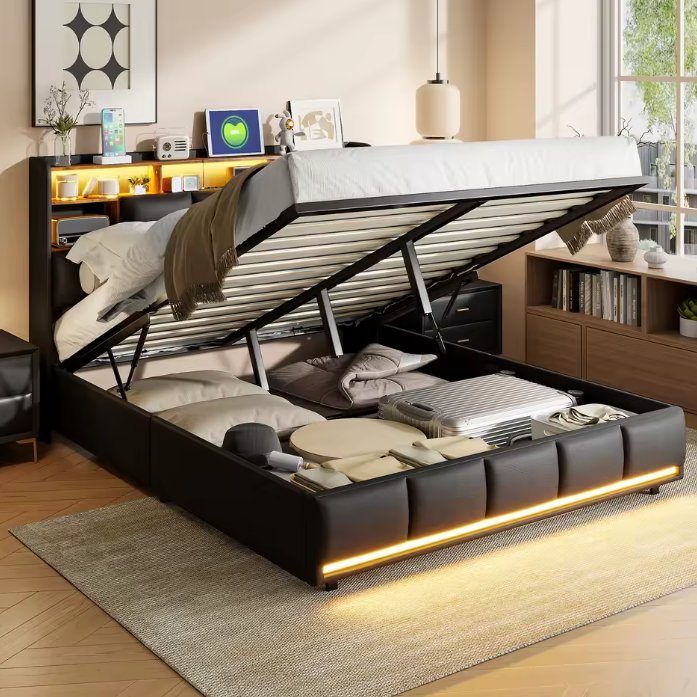 Gestoffeerd Boxspringbed met Hydraulische Lift, LED-Verlichting en USB Oplaadpoort