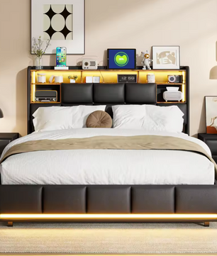 Gestoffeerd Boxspringbed met Hydraulische Lift, LED-Verlichting en USB Oplaadpoort