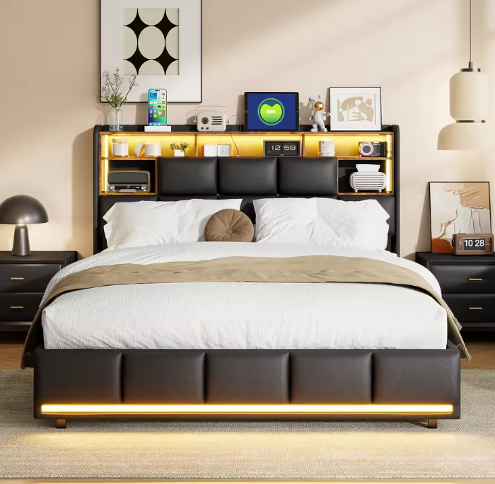 Gestoffeerd Boxspringbed met Hydraulische Lift, LED-Verlichting en USB Oplaadpoort