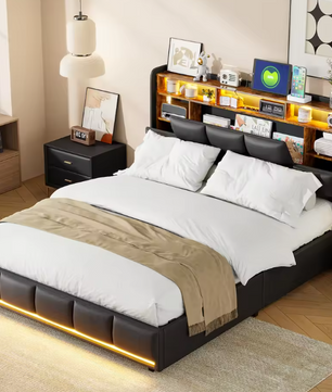 Gestoffeerd Boxspringbed met Hydraulische Lift, LED-Verlichting en USB Oplaadpoort