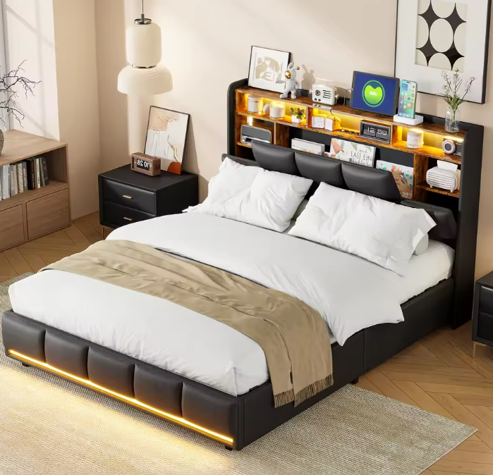 Gestoffeerd Boxspringbed met Hydraulische Lift, LED-Verlichting en USB Oplaadpoort