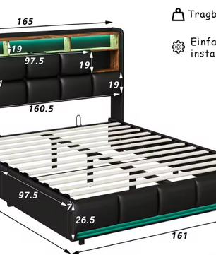 Gestoffeerd Boxspringbed met Hydraulische Lift, LED-Verlichting en USB Oplaadpoort