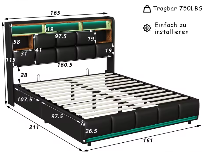 Gestoffeerd Boxspringbed met Hydraulische Lift, LED-Verlichting en USB Oplaadpoort