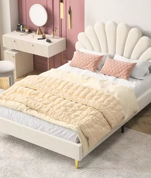 Gestoffeerd Tweepersoonsbed 140x200 cm met Bloemvormig Hoofdeinde en Fluwelen Stof