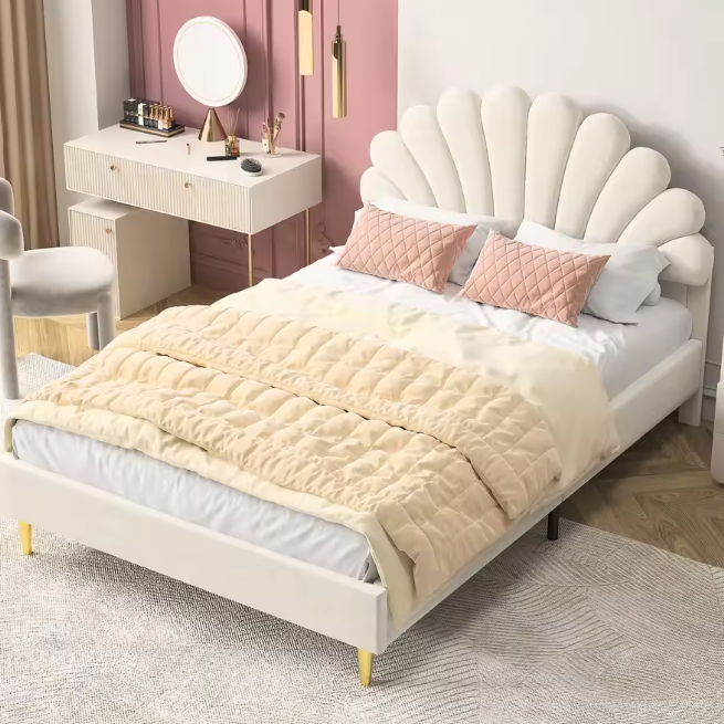 Gestoffeerd Tweepersoonsbed 140x200 cm met Bloemvormig Hoofdeinde en Fluwelen Stof
